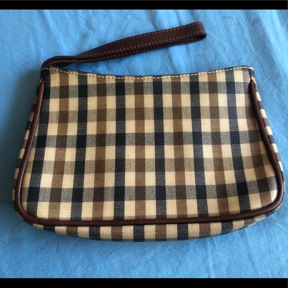 authentic Aquascutum of London check wristlet brown leather mini purse bag Italy - Picture 1 of 9